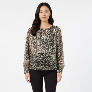 DKNY Top Womens Size P/XS ‎ Brown Leopard Shimmer Long Cape Sleeve Sophisticated
